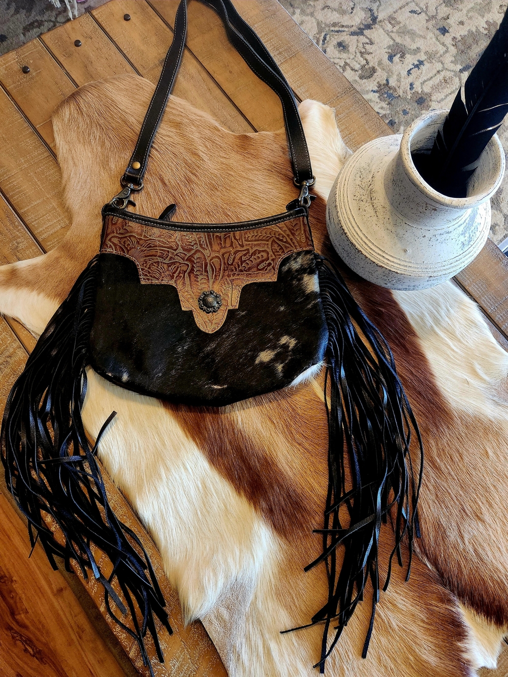 Fringed Cowhide Crossbody Bag - Black and Brown